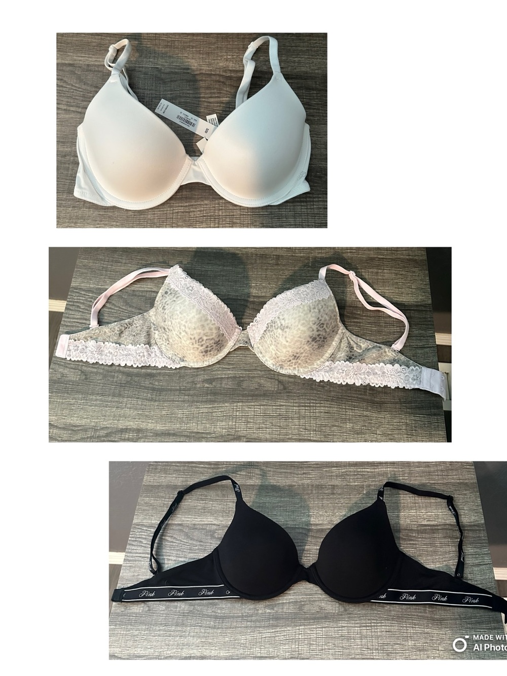 PINK Victoria's Secret Trio Bra Set - White, Light Pink Leopard, Black